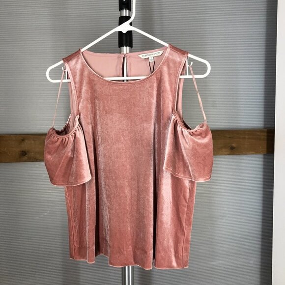 Nwt REBECCA MINKOFF Monsoon Pink Ruffled Cold Shoulder Velvet Blouse Top Sz S - Picture 3 of 10
